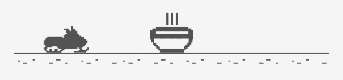 A snowmobile and a steaming bowl of soup in pixel art